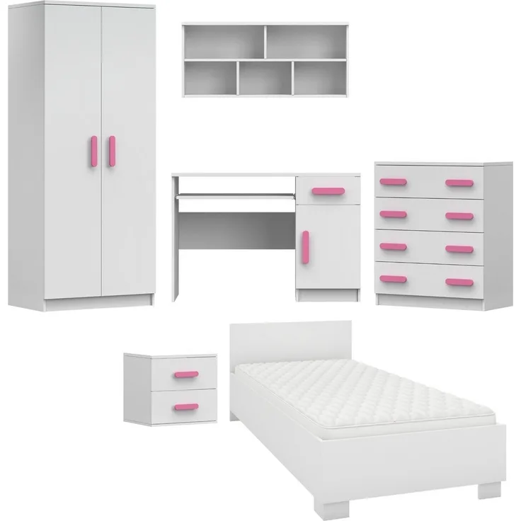 Deine Möbel 24 Jugendzimmer-Set INGE Jugendzimmer Jugendmöbel Kinderzimmer komplett 6-teilig, (Kindermöbel aus Laminatplatte, 6-tlg, Bett, Nachttisch, Schreibtisch, Hängeregal, Kleiderschrank, Kommode), Kinderzimmer Set Weiß Griffe Rosa Blau Grün Grau ...