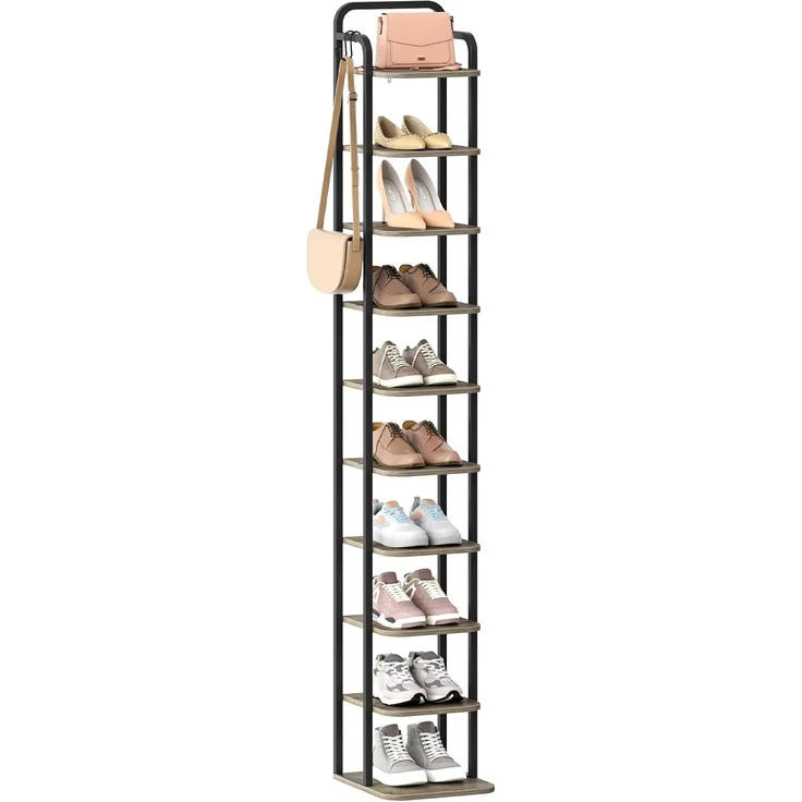 Vertikales Schuhregal, 10-Stöckige Schuhregale, Schuhturm für Kleine Räume, Freistehend, Verstellbar, Platzsparend, Helles Elfenbein und Schwarz – Bild 2