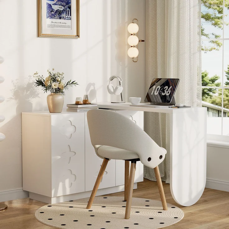 Schreibtisch, drehbarer L-förmiger Eck-Computertisch, Bürotisch, Frisiertisch, weiß 110 cm – Bild 6