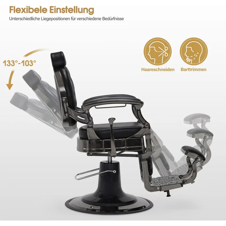 Barberpub Friseurstuhl mit Kopfstütze, Hydraulische Friseursessel 2933, mit Retro/Vintage Stil, 360° Drehbar, Barber Stuhl Kunstleder, 113 × 68 × 109 cm (Schwarzes Titan) – Bild 2