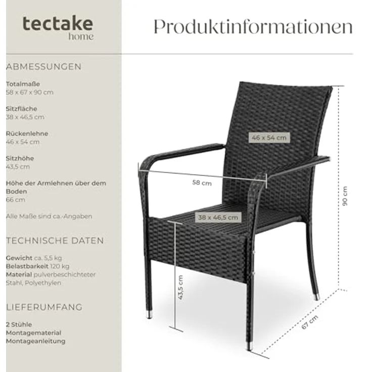tectake Rattanstuhl Gartenstuhl Girona, stapelbar, Belastbarkeit 120 kg, 58 x 67 x 90 cm (Set, 2 St), Pulverbeschichtetes Stahlgestell für enorme Stabilität – Bild 3