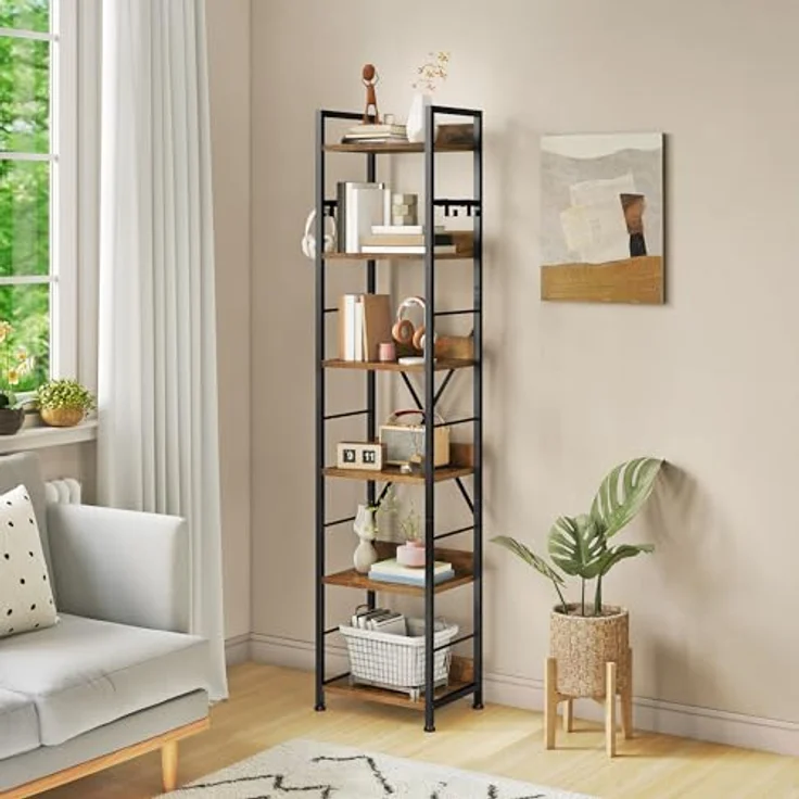YITAHOME Bücherregal mit 6 Ebenen, Industrielles Standregal, Metallrahmen und Holzregale, Hohes Lagerregal mit 4 Haken, Präsentationsorganizer, für Wohnzimmer, Heimbüro, Vintagebraun Regal – Bild 2