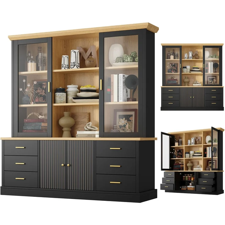 Küchenschrank 140 x 40 x 185 cm aus MDF, schwarz, mit Glastüren und 6 Schubladen – Bild 7