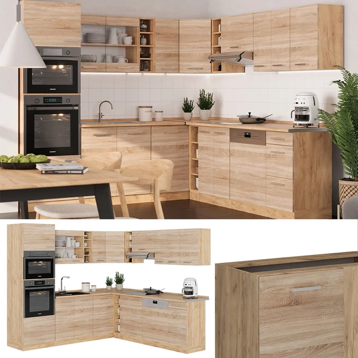 Eckküche R-Line Sonoma/Goldkraft Eiche 247 x 60 cm , AP Marmor Vicco – Bild 2
