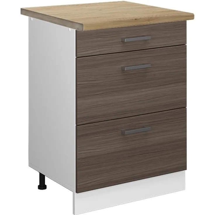 Vicco Küchenunterschrank R-Line, Grau/Weiß, 60 cm mit Schubladen, AP Eiche