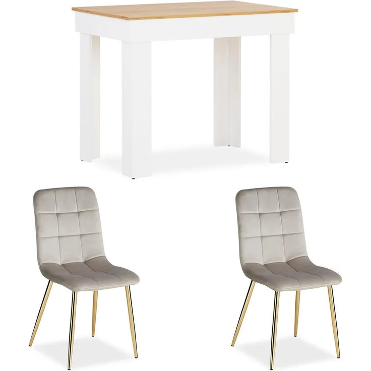Homestyle4u Tischgruppe, Esszimmergruppe mit Tisch und 2 Stühlen, beige, weiß, gold, Holz, Metall, platzsparendes Design, 60x88x90 cm