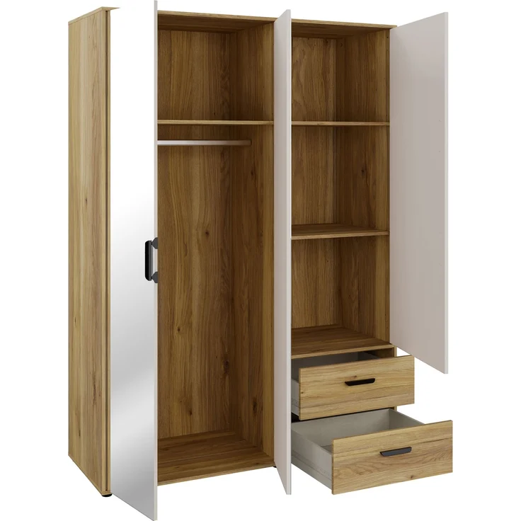 Forte MOKKARO Kleiderschrank 140 150, moderner Drehtürenschrank, 3-türig, 2 Schubladen, Spiegel, Mauvella Eiche Holzdekor|Kaschmir Beige, 144,4 cm breit x 200,1 cm hoch x 52,7 cm tief – Bild 5
