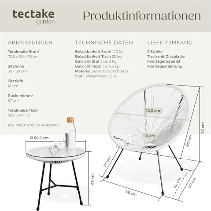 tectake® Set 2X Stuhl 1x Beistelltisch Acapulco, Gartenstuhl, Gartenstühle im Retro Design, Indoor und Outdoor Sessel für Garten, Wintergarten, als Terrassenstühle oder Balkon Sessel - weiß – Bild 7