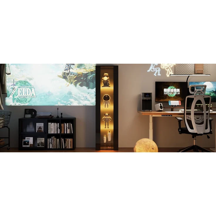 ZUBALIYA Vitrine, mit LED-Beleuchtung, mit App-Steuerung, mit Glasböden, wandmontierbar, H 170 × T 40 × B 29 cm, Schwarz, Spanplatte – Bild 25