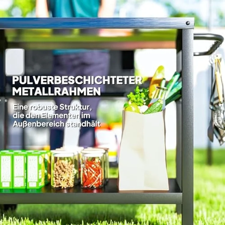 Outsunny Servierwagen mit Arbeitsfläche, Ablagen, Haken, Räder, (BBQ Grilltisch, 1 St, Grillwagen), für Garten, Terrasse, Grill, 102 x 56 x 81cm – Bild 6