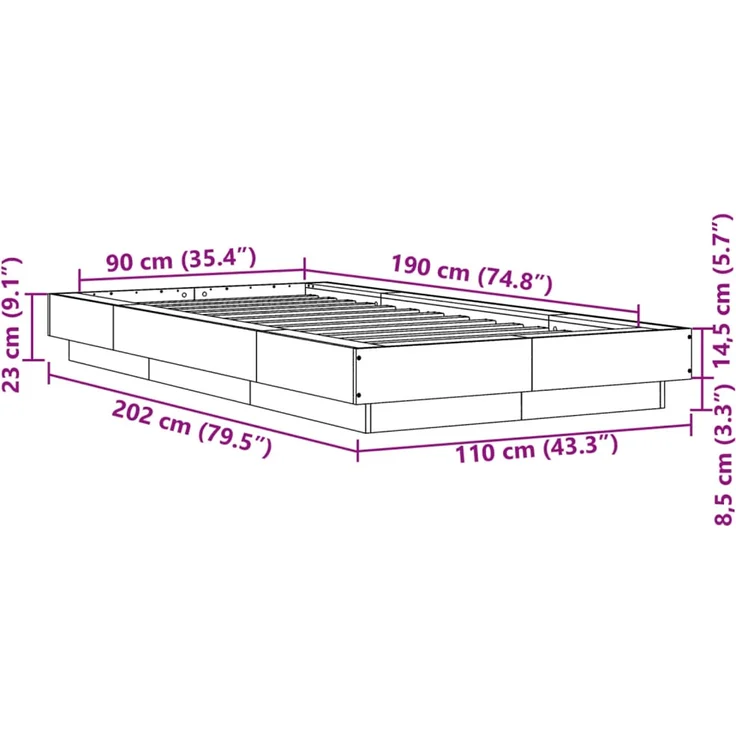 vidaXL Bettgestell Grau Sonoma 90x190 cm Holzwerkstoff 3281243 – Bild 10
