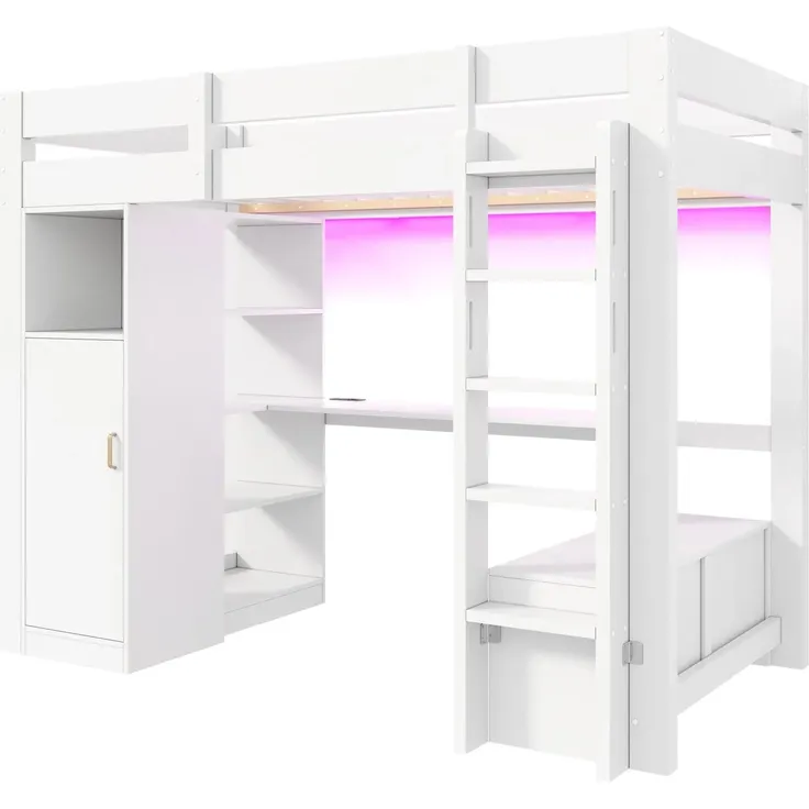 Hochbett mit Schreibtisch, LED-Streifen, Lattenrost, Trittleiter, Regale, Kleiderschrank und USB, 90x200 cm, Kinderbett, Einzelbett, Kiefer – Bild 5