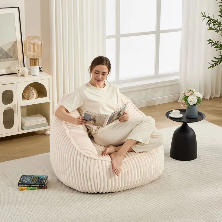 Bean Bag Stuhl mit Memory-Schaumstofffüllung, gestreifter Blasen-Plüsch, flauschig, gemütlich, gemütlicher Sofa für Wohnzimmer, Wohnungen und Schlafsäle--Beige--98x92x73cm--YOUDENOVA – Bild 4