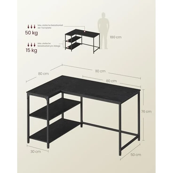 VASAGLE Eckschreibtisch in L-Form, Computertisch mit Stauraum, Bürotisch, höhenverstellbare Ablage, für Homeoffice, 110 x 80 cm, ebenholzschwarz LWD135BE01 – Bild 3
