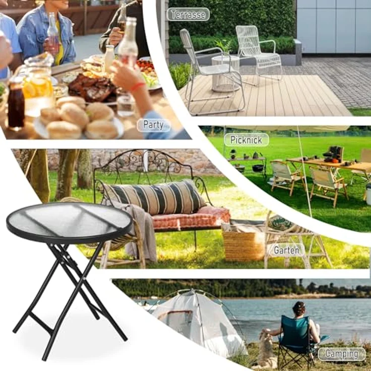 eSituro Klapptisch, Beistelltisch klappbar, Balkontisch Campingtisch Gartentisch Bistrotisch, mit Metallrahmen, runde Tischplatte aus gehärtetem Glas, φ46x47,5 cm, Schwarz+transparent – Bild 8