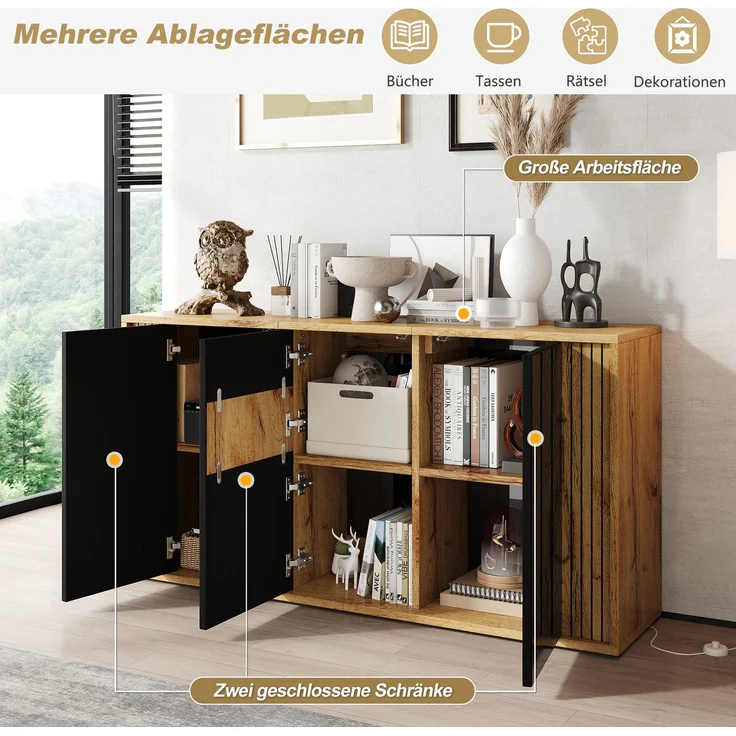 DESVIAE Sideboard Schwarz-Holzton aus MDF/Spanplatte – 140x71x35 cm – 3 Türen, 6 Fächer – Bild 6