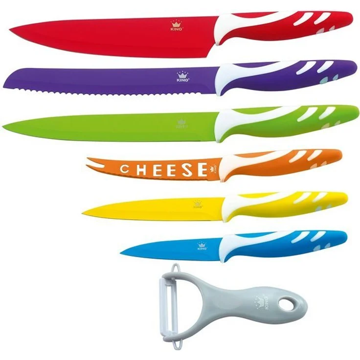 KING Messer-Set FRUTI (Set, 6-tlg, arbenfroher Farbmix, mit Käsemesser), inklusive Schäler und mit speziellem Käsemesser – Bild 2