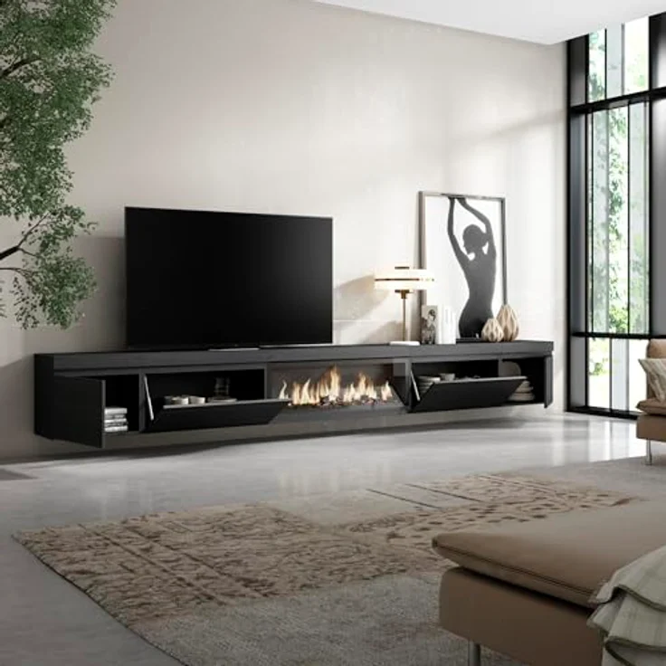 Skraut Home | TV-Schrank, Lowboard | für Wohnzimmer und Esszimmer | 368 x 45 x 35 | Elektrokamin XXL | Hängend | Moderner Stil | Schwarz – Bild 5