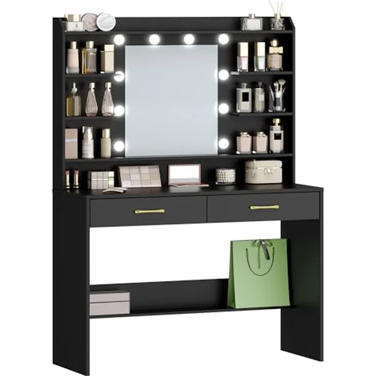 Schminktisch mit Spiegel, Schminktisch mit Ablageflächen und 2 Schubladen, für Schlafzimmer, Wohnzimmer, Verstellbare Helligkeit, 40 x 100 x 149 cm, Schwarz – Bild 9
