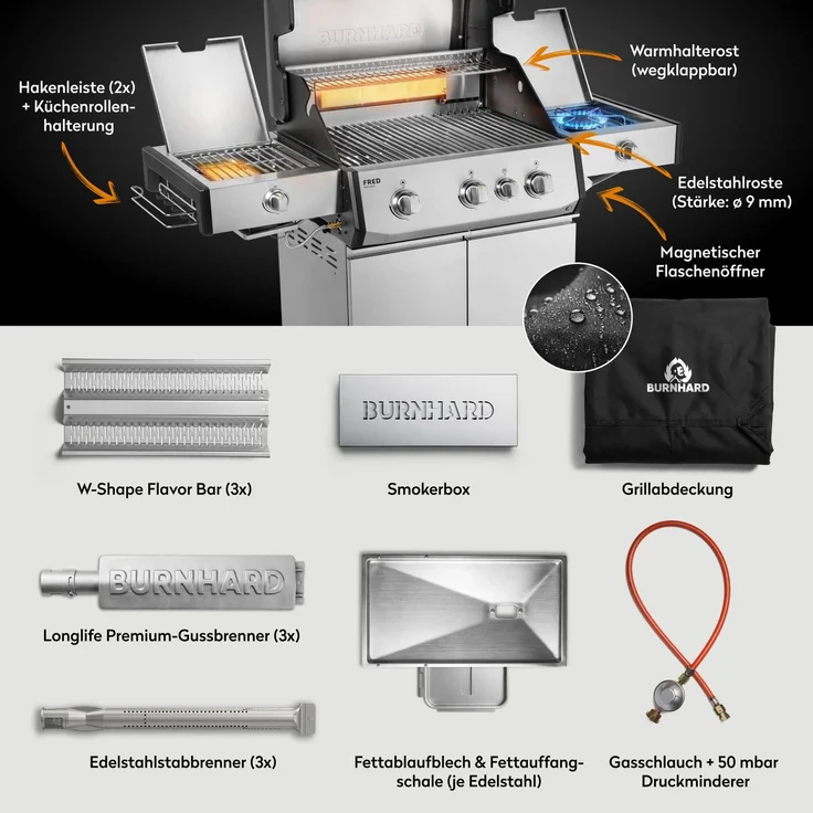 BURNHARD® Gasgrill 3-Brenner, 900°C Infrarot-Keramikbrenner, Longlife Premium-Gussbrenner, Seitenkochfeld, Edelstahl, Piezo-Zündung, Edelstahlrost – FRED Deluxe+ - Silber - #947133 – Bild 4