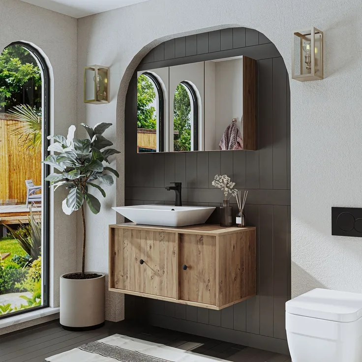 Skye Decor '2554' Badmöbel-Set mit Waschbecken & Spiegel (2-teilig), Atlantik-Kiefer, 90 x 58 x 45 cm