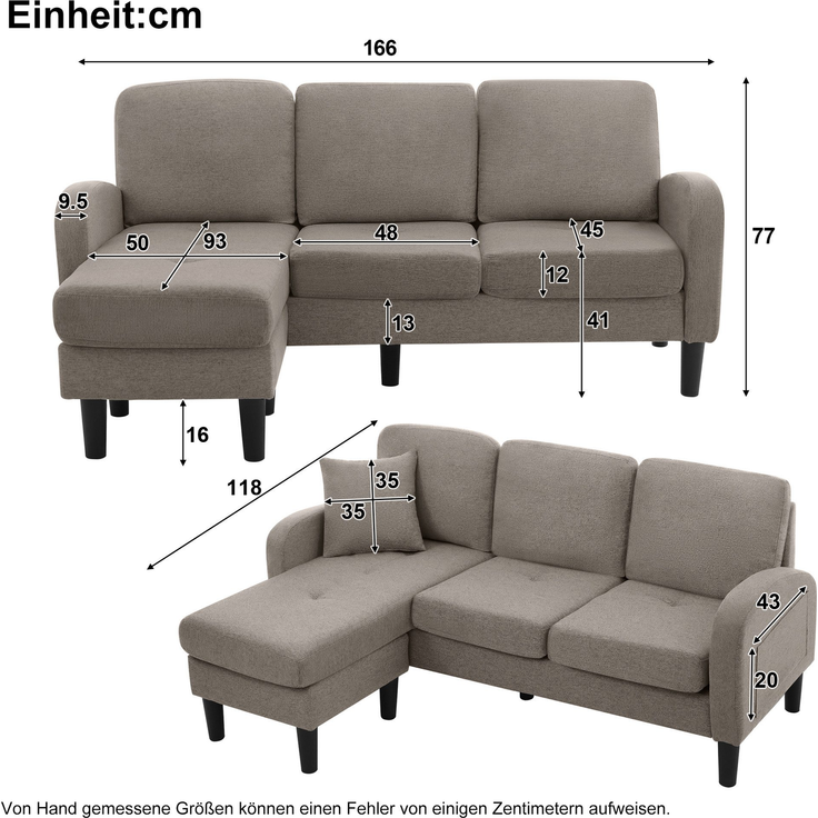 DESVIAE Sofa mit flexibel montierbarer Chaiselongue 166x77x118 cm Baumwoll-Leinen-Bezug Antik-Dunkelgrau – Bild 10