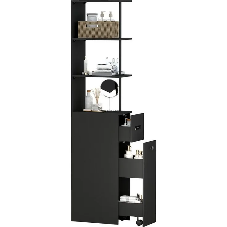 Puluomis Badkommode Badezimmschrank mit Schubladen, Hochschrank schmal (weiß/schwarz)