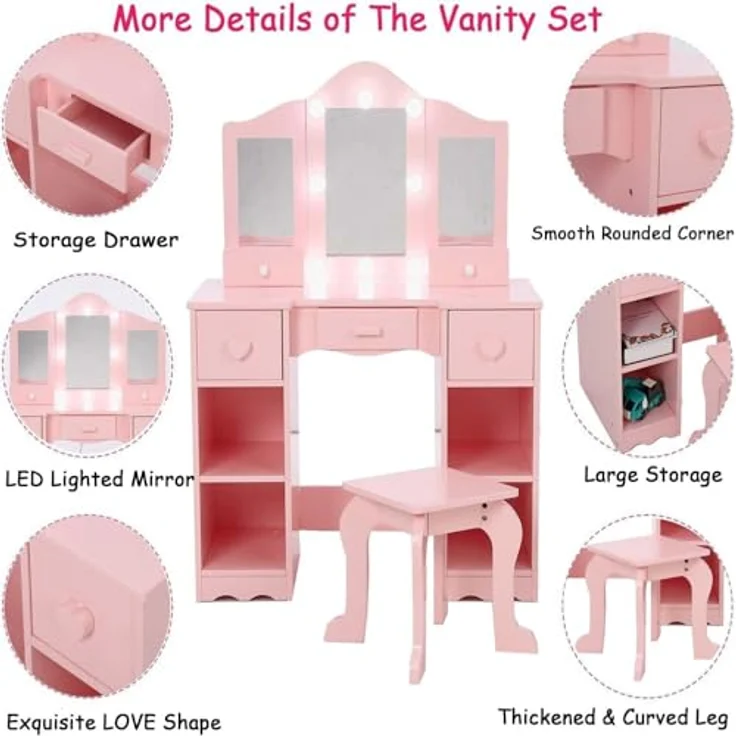 GarveeLife Schminktisch für Kinder, Schminktisch mit Hocker, 3 LED-Spiegel und 5 Schubladen, Schminktisch aus Holz für kleine Mädchen von 3 bis 6 Jahren – 70 x 34 x 100 cm, Rosa – Bild 3