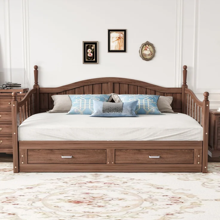 Ausziehbares Schlafsofa Aus Massivholz 90/180*190 cm, mit römischen Säulen, mit geschwungener Rückenlehne und Armlehnen, mit Schubladen und Lattenrost, Multifunktionsbett Aus Kiefernholz, Nussbaum – Bild 2