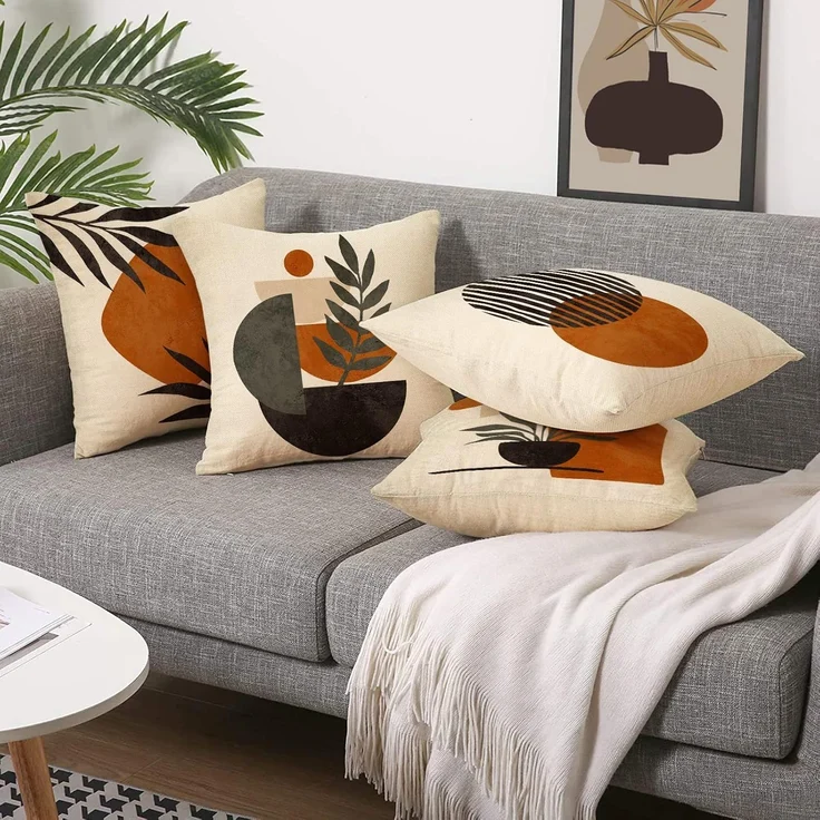 Boho Kissenhüllen 45×45 cm 4er-Set Abstrakte Sunset Plant Olive, Minimalist Modern Art, Bohemian Dekoration – Bild 4