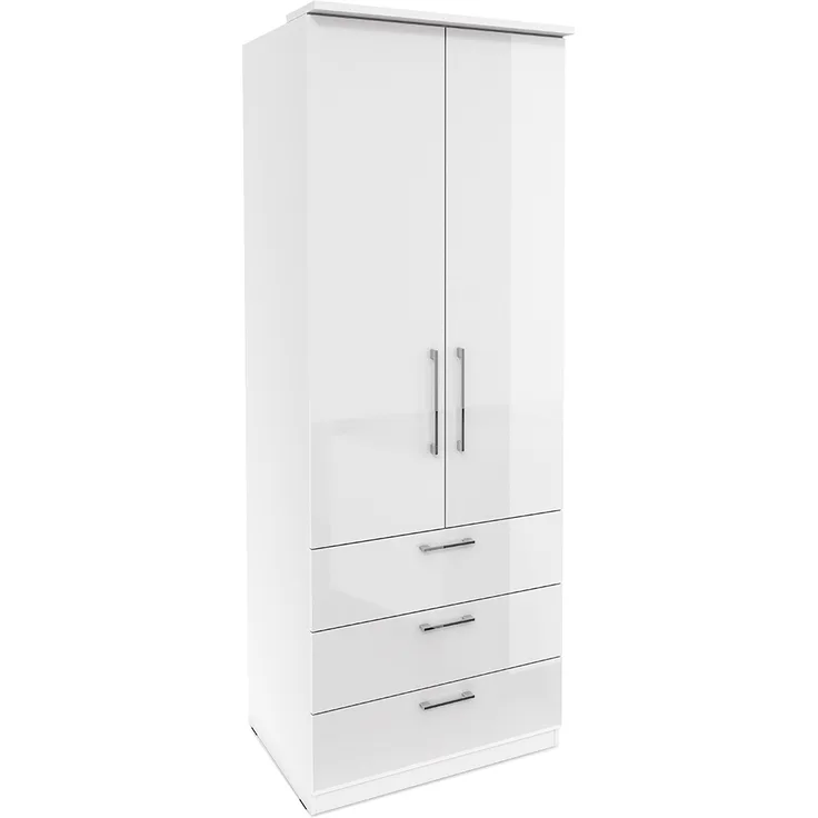 Kleiderschrank mit 3 Schubkästen OLMO-83 in weiß mit Fronten in Hochglanz, B/H/T: ca. 80/217/63 cm