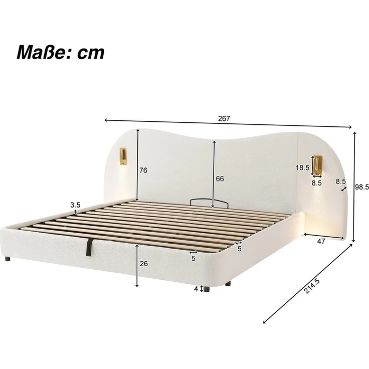 Polsterbett mit LED-Beleuchtung, extra breites Kopfteil mit Spots und USB Anschlüssen, 180x200 cm, gepolsterter Kopfteil, Doppelbett, Frottee – Bild 6