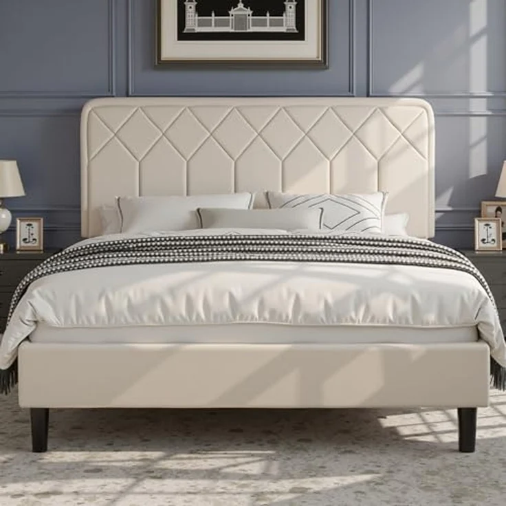 VECELO Doppelbett, gepolstert, 140 x 190 cm, Plattformrost, Lattenrost aus robustem Holz, kein Boxspringbett erforderlich, Velours-Stoff, einfach zu montieren, Beige – Bild 1