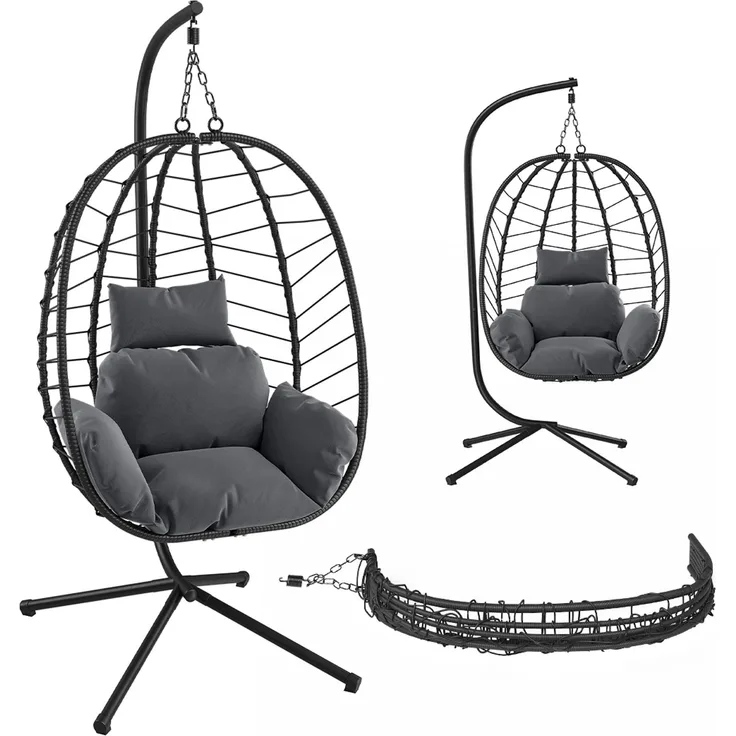 STEELSØN 'Alarian' Hängesessel mit Metallgestell, höhenverstellbar und faltbar, wetterfest, Polyrattan, dunkelgrau/schwarz, bis 150 kg belastbar, inkl. Kissen