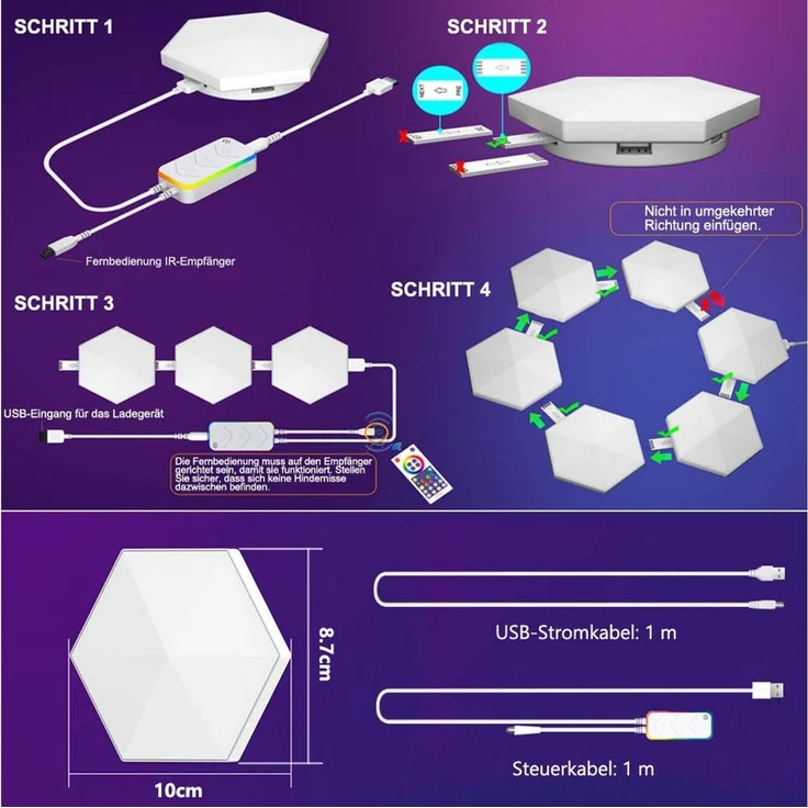 Lapamax LED Wandleuchte Modulare RGBIC LED-Wandpaneele mit Bluetooth-App und Musikmodus, Farbwechsel, dimmbar, Musiksynchronisation und Timer, LED, RGBIC, mehrfarbig, Sechseckige Lichtmodule frei kombinierbar, mit Fernbedienung und USB – Bild 3