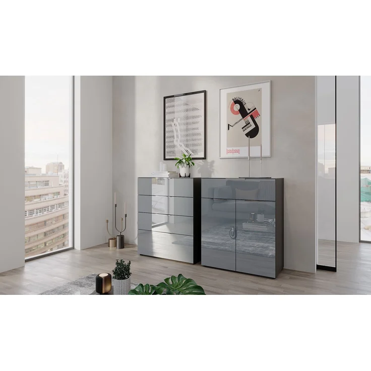 Sideboard Owingen / Oakland, Glas, Holzwerkstoff, Silber, Grau, Schwarz, 134 x 102 x 42 cm – Bild 4