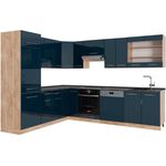 Eckküche Fame-Line Dunkelblau Hochglanz/Goldkraft Eiche 227 x 60 cm , AP Anthrazit Vicco