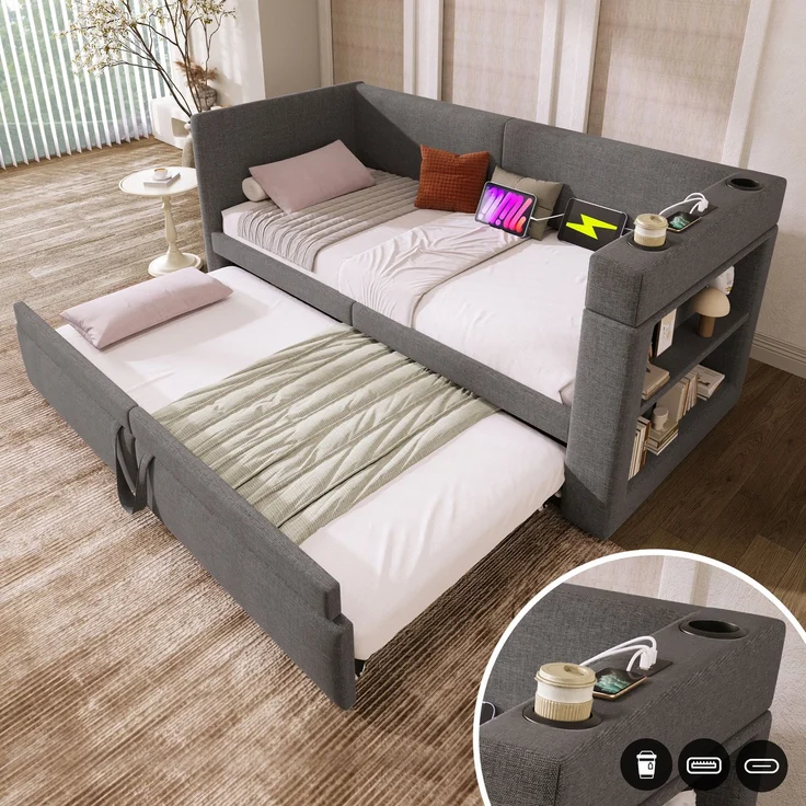 Schlafsofa 90x200 cm Ausziehbett mit Armlehne, USB/Typ-C Ladebereich, Getränkehalter & Stauraum – Bild 3