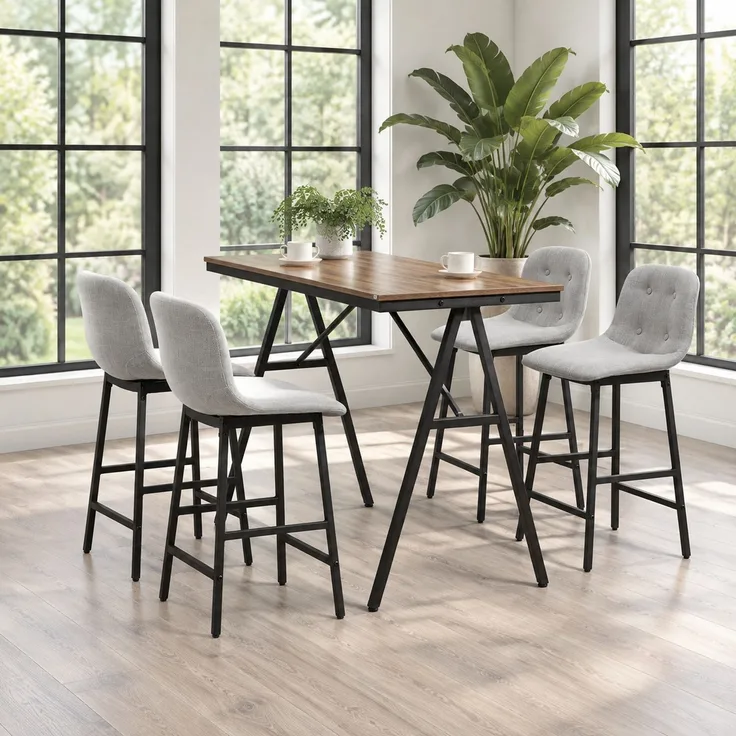 Bartisch-Set 120x60x91 cm mit 4 gepolsterten Barhockern – Stahlgestell, hellbraun