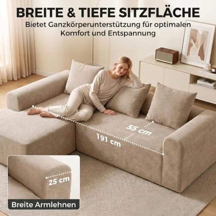 HOMCOM Ecksofa L-Form 242 cm, Boneless Couch in Beige, 3-Sitzer mit Rücken- und Sitzpolsterung, Taschenfederkern, inklusive 3 Kissen, rahmenlos, keine Montage erforderlich – Bild 6