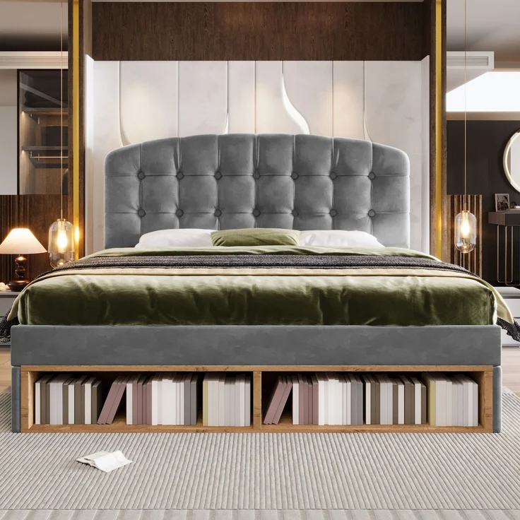 Merax Doppelbett 140x190 cm, Polsterbett mit Lattenrost, Bettgestell mit gebogenem höhenverstellbarem Kopfteil, Bett mit Schubladen und Stauraum, Samt, Grau – Bild 3