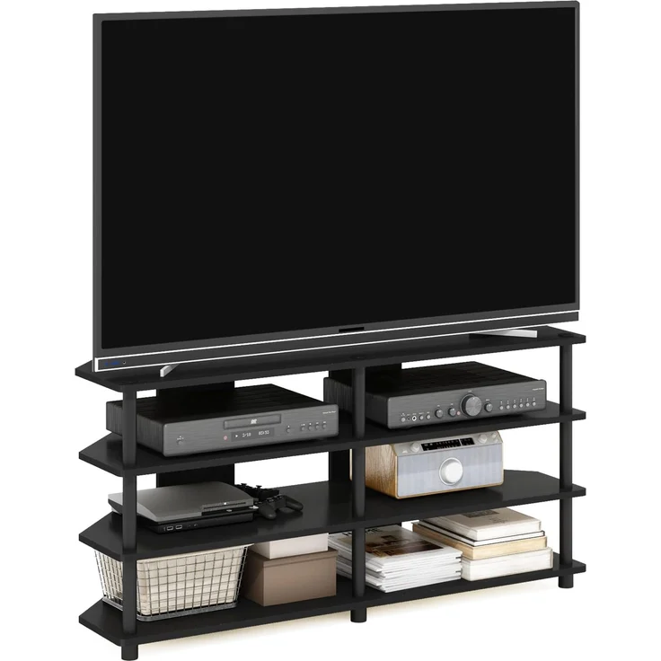 Furinno Econ leicht montierbarer 4-stufiger Eck-TV-Ständer für Fernseher bis 55 Zoll, Schwarzes Holz/Schwarz