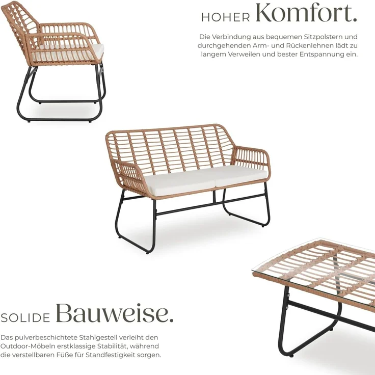 tectake® Outdoor Rattan Sitzgruppe, Möbel, Balkonmöbel, Gartenmöbel Set mit 1x Gartenbank, 2X Stühle + Tisch, Balkonmöbelset für Garten, Terrasse, Balkon - Natur – Bild 3