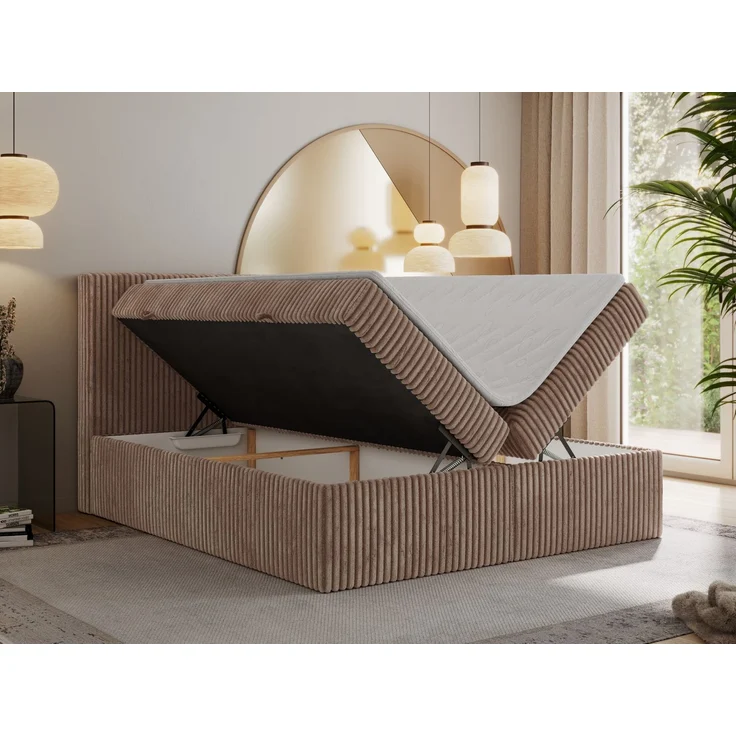 Boxspringbett mit Kopfteil und Topper T25, Cord Bett - TILIANO - 140 x 200 cm - Braun Cord - H4 – Bild 3