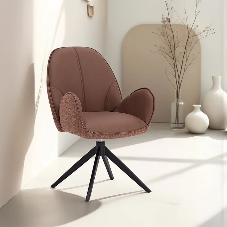 Esszimmerstühle Drehbar 2 Stühle für den Esstisch Küchenstühle mit Armlehne Bouclé Leder Braun Polsterstühle Sessel – Bild 2