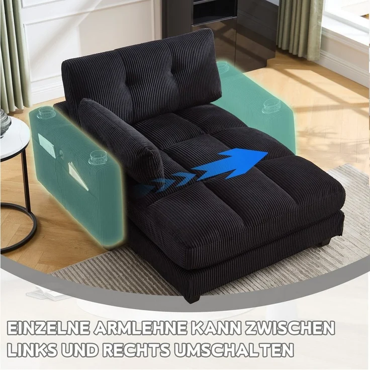 LVHOM Polsterliege Ottomane/Loungesofa/Polsterbett/Daybett/Gästebetten/Schlafsofa (USB/Typ C-Ladeanschlüssen, Seitentaschen, Getränkehalter, modularer Flexibilität Palmen Sessel, links & rechts tauschbare Armlehnen, Schlaffunktion, Platzsparend, 1-St, ... – Bild 3