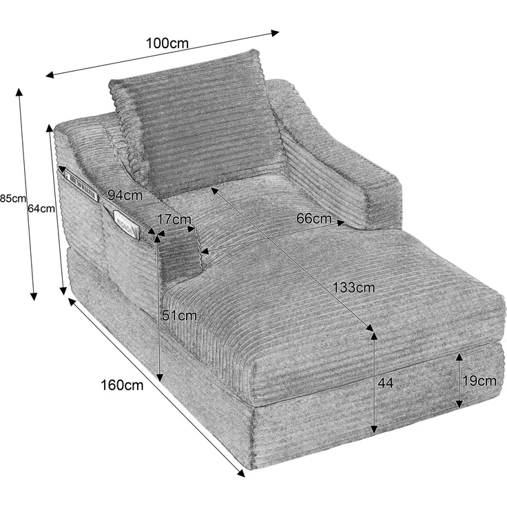 Lounge-Sessel aus Cord mit ausziehbarer Liegefunktion, 100cm×162cm×68cm, Dunkelgrau – Bild 5
