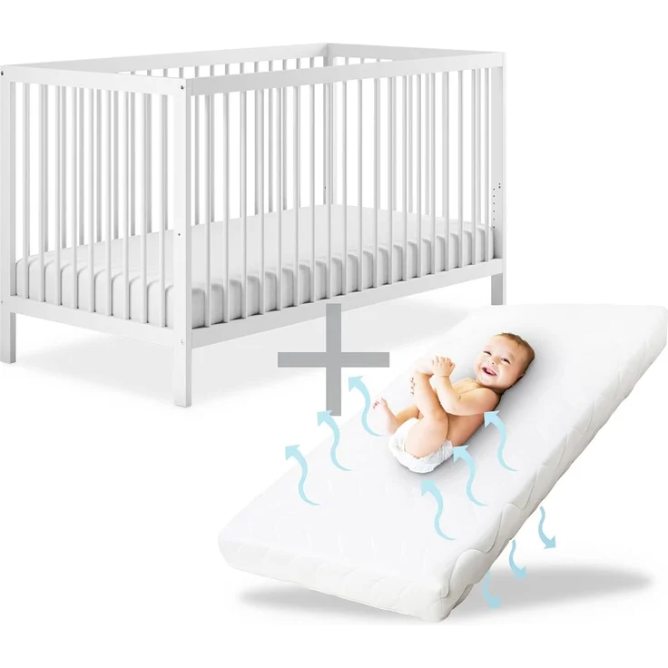 Ehrenkind® Babybett PUR inkl. Matratze 140x70 aus Natur Buchenholz | Weiß | Kinderbett 9-Fach höhenverstellbar mit entnehmbaren Stangen | Baby Bett