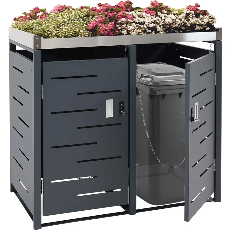 2er-Mülltonnenverkleidung HWC-H40b, Mülltonnenbox, Pflanzkasten Edelstahl-Metall-Kombi 39kg 110x115x62cm erweiterbar – Bild 1