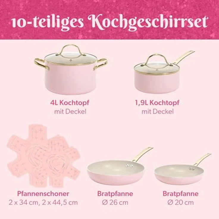 Paris Hilton Topf-Set Kochgeschirr 10-tlg. – Aluminium & Keramik Antihaft, Induktion, in Pink, Creme und Gold – Bild 2